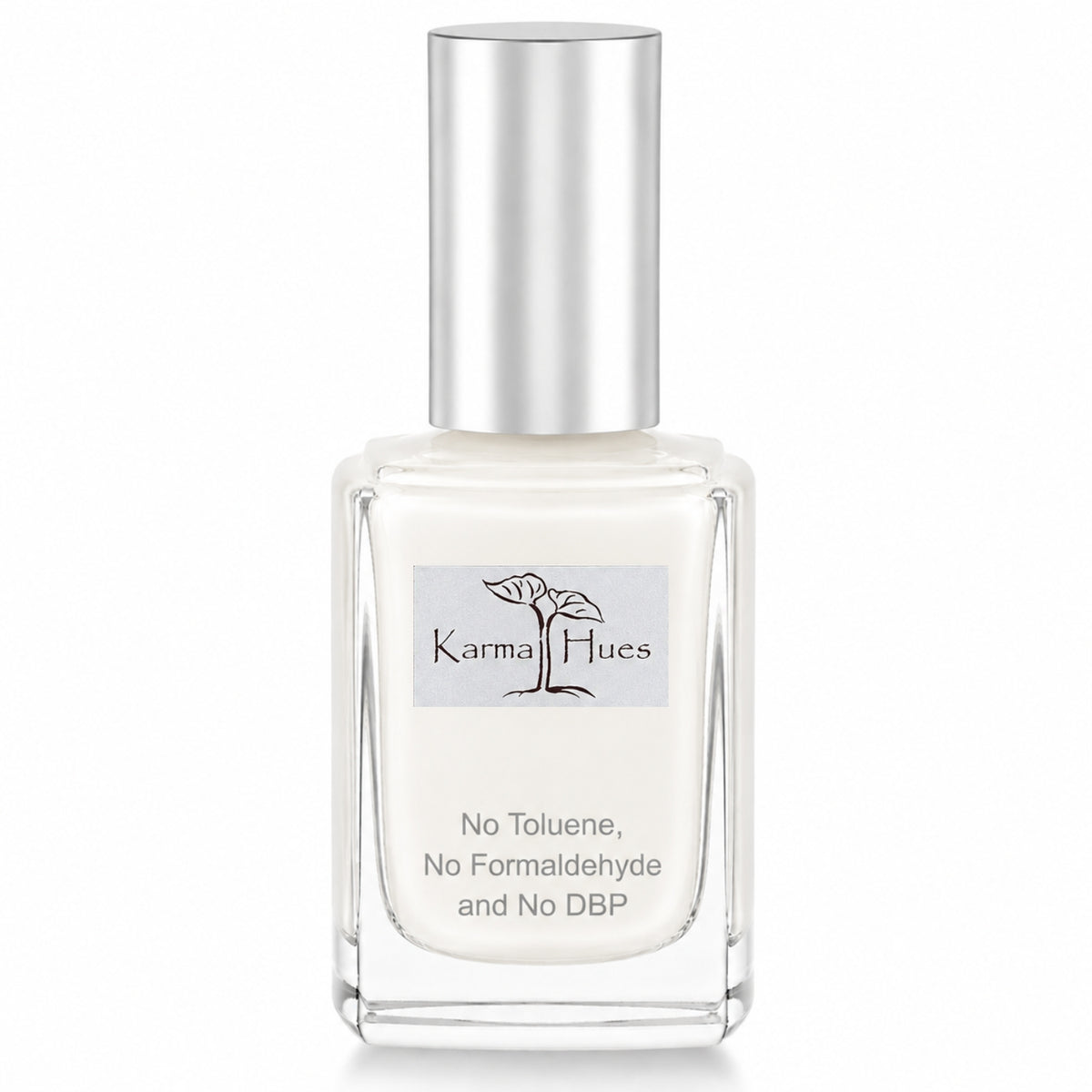 A bottle of Karmahues nail polish with a clear glass body showing the off-white liquid inside, a silver metallic cap, and a white label with black text on a clean white background.
