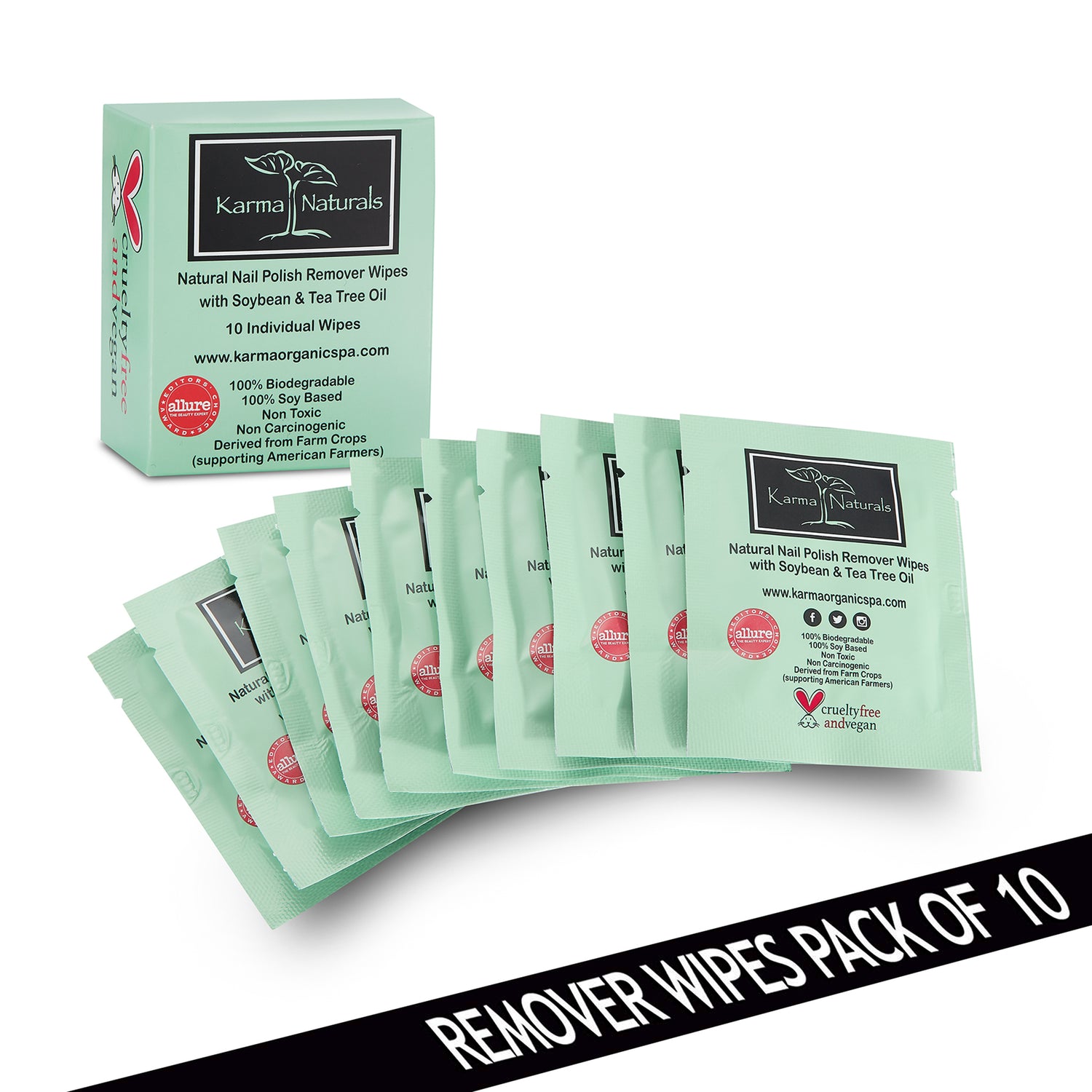 Karma Naturals Tea Tree Oil Nail Polish Remover Wipes bundle -1 Pack of 10 Individually Wrapped Wipes