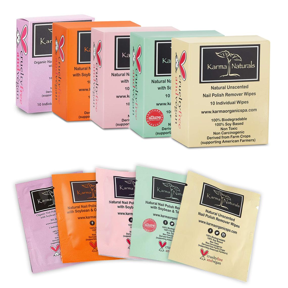 Karma Naturals Nail Polish Remover Wipes bundle - 5 Packs of 10 Individually Wrapped Wipes