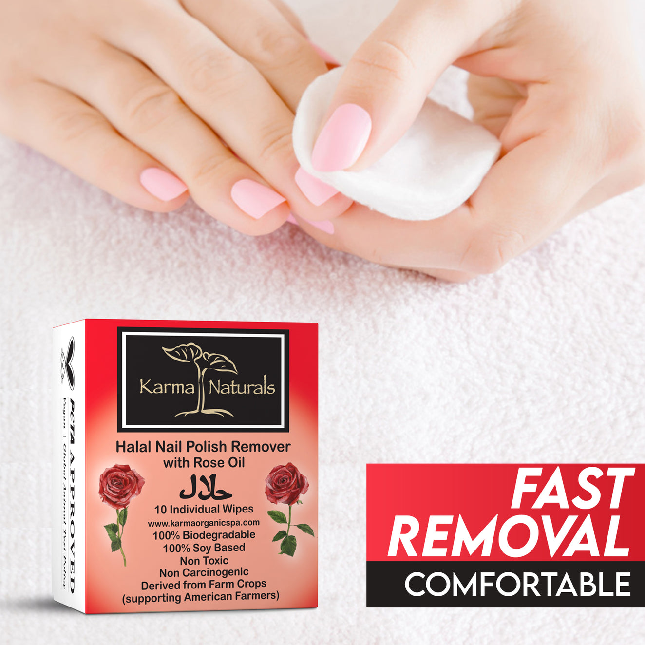 Karma Naturals Halal Nail Polish Remover Wipes with Rose Oil - 1 Pack of 10 Individually Wrapped Wipes