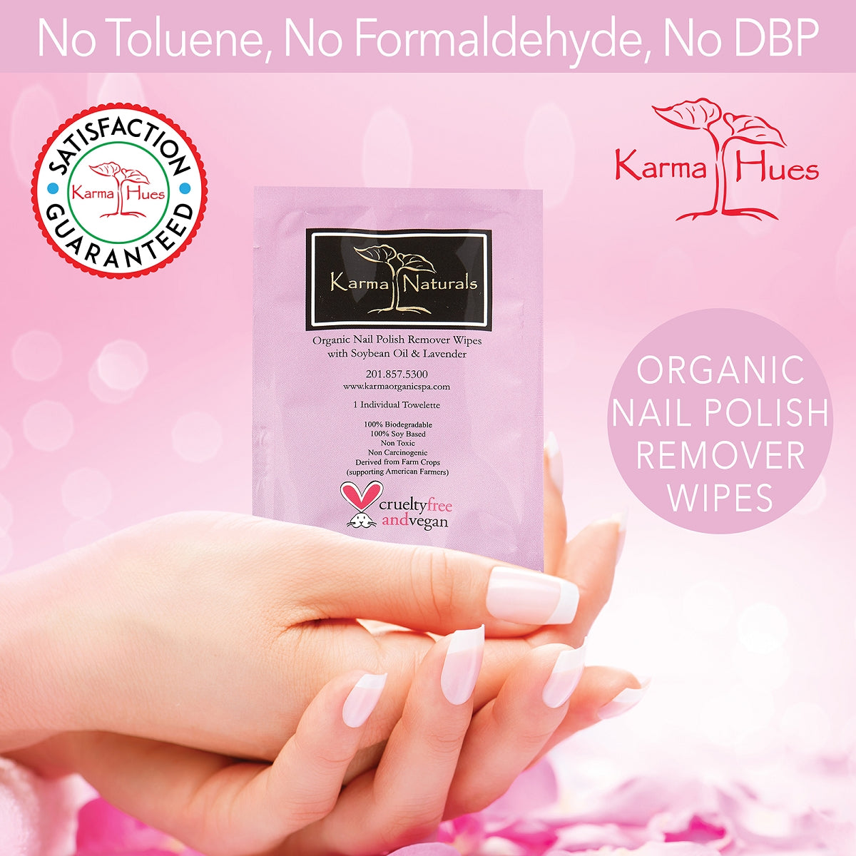 Karma Naturals Nail Polish Remover Wipes with Lavender Oil - 1 Pack of 10 Individually Wrapped Wipes