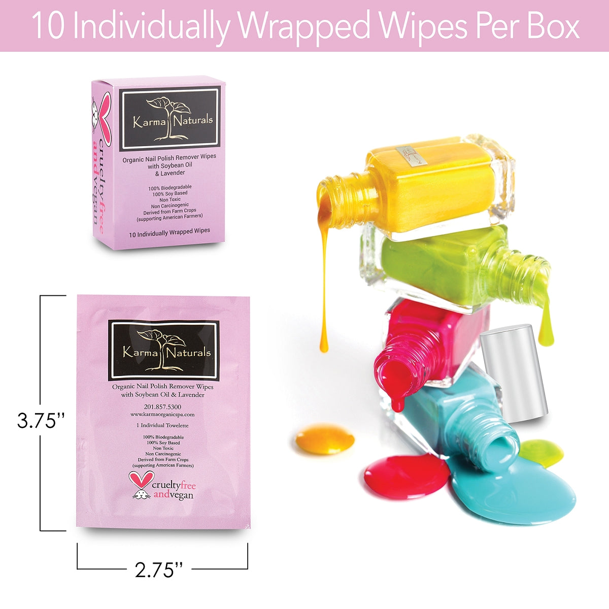 Karma Naturals Nail Polish Remover Wipes with Lavender Oil - 1 Pack of 10 Individually Wrapped Wipes