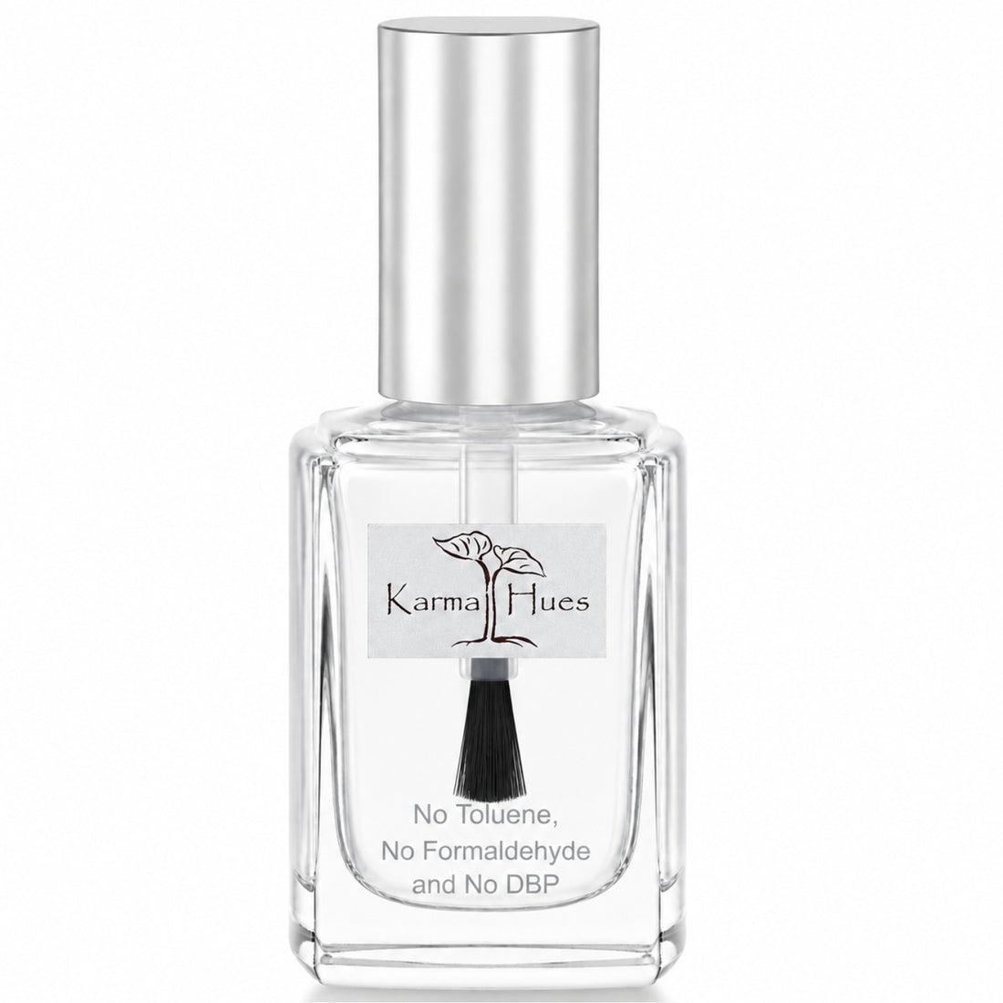 A clear glass bottle of KarmalHues fragrance with a reflective silver cap and a white label featuring a black brush and tree logo, set against a plain white background.
