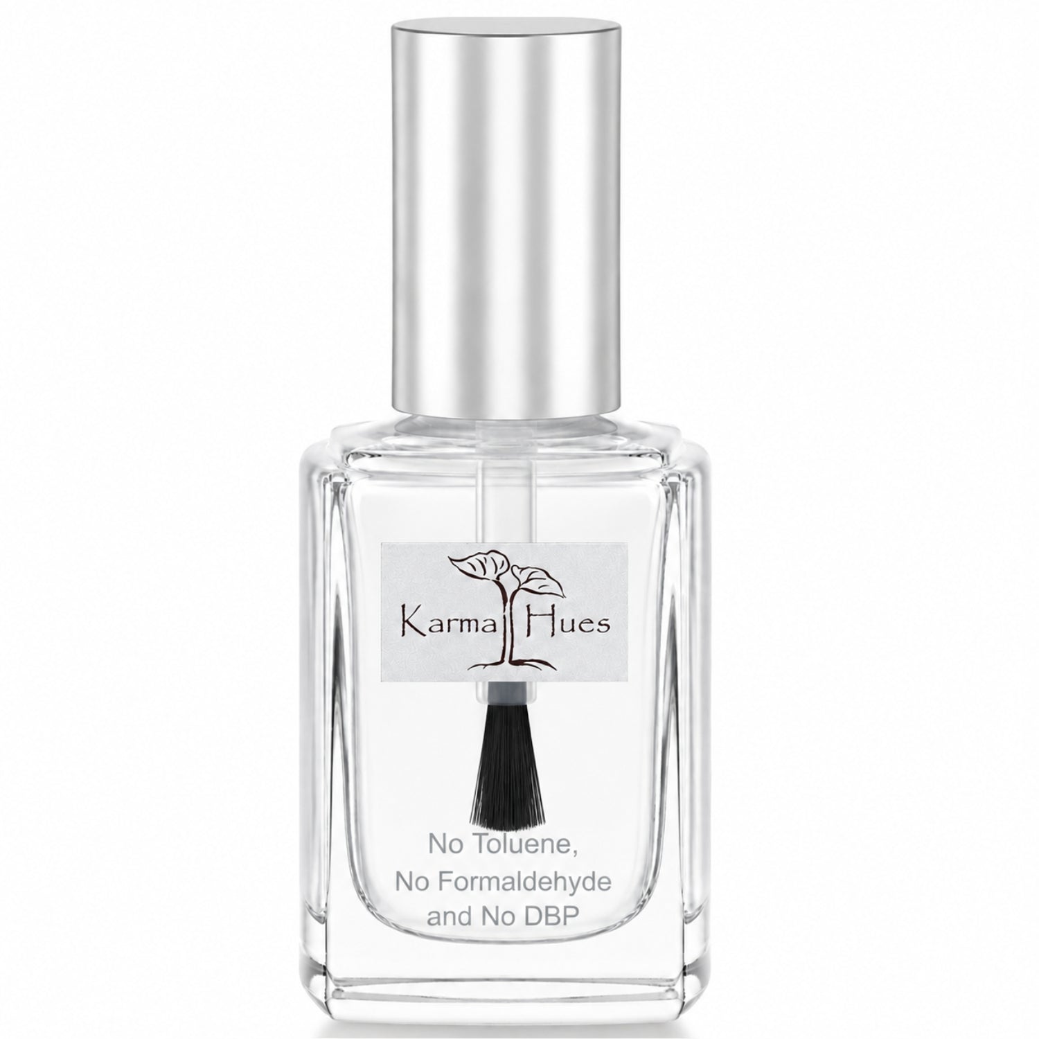 A clear glass bottle of KarmalHues fragrance with a reflective silver cap and a white label featuring a black brush and tree logo, set against a plain white background.