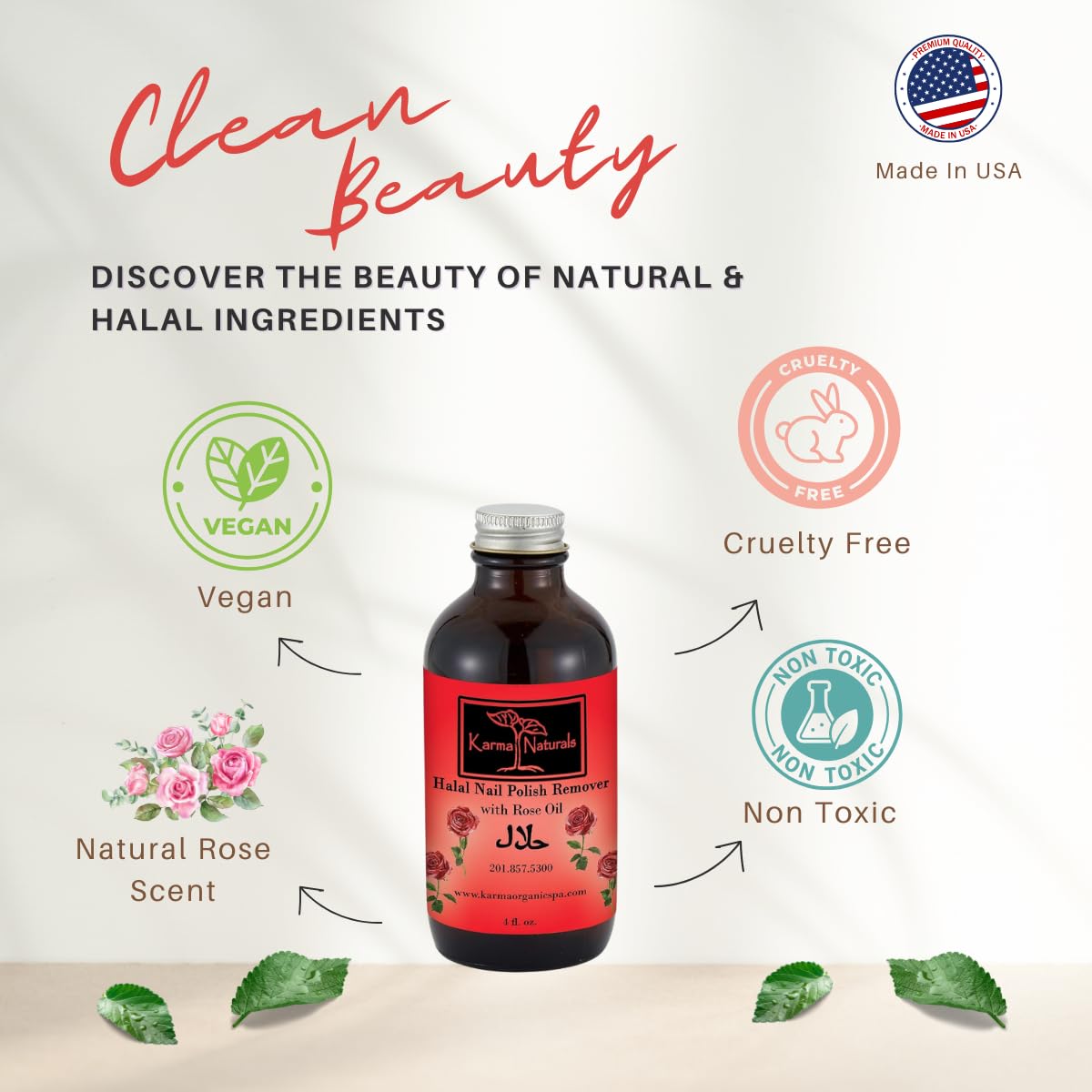 Karma Organic Patented Halal Soy-Based Nail Polish Remover – Non-Toxic Formula with Rose Oil - 4 fl. Oz.