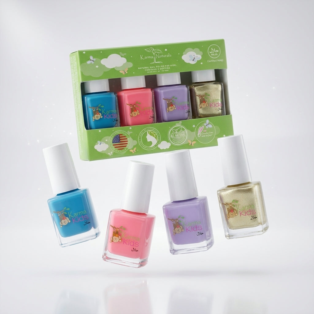 Karma Organic Vegan Non-Toxic Nail Polish – Breathable Cruelty-Free Long-Lasting Nail Color – Kids Certified Halal Nail polish Set of 4