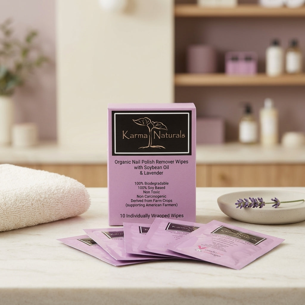 Karma Organic Patented Nail Polish Remover Wipes – Non-Toxic Lavender Oil Formula – Individually Wrapped Wipes (10 Count)