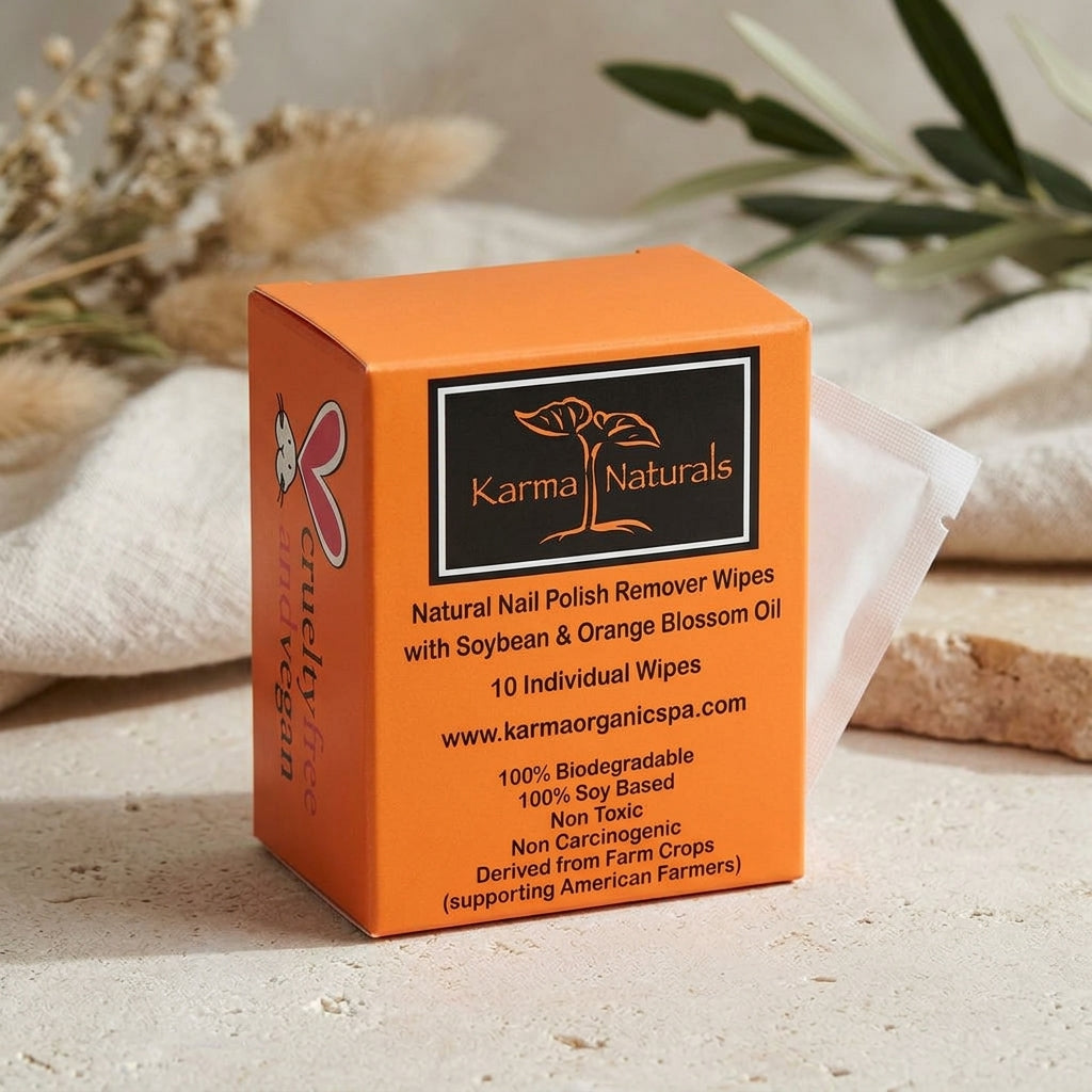 Karma Organic Patented Nail Polish Remover Wipes – Non-Toxic Orange Blossom Oil Formula – Individually Wrapped Wipes (10 Count)
