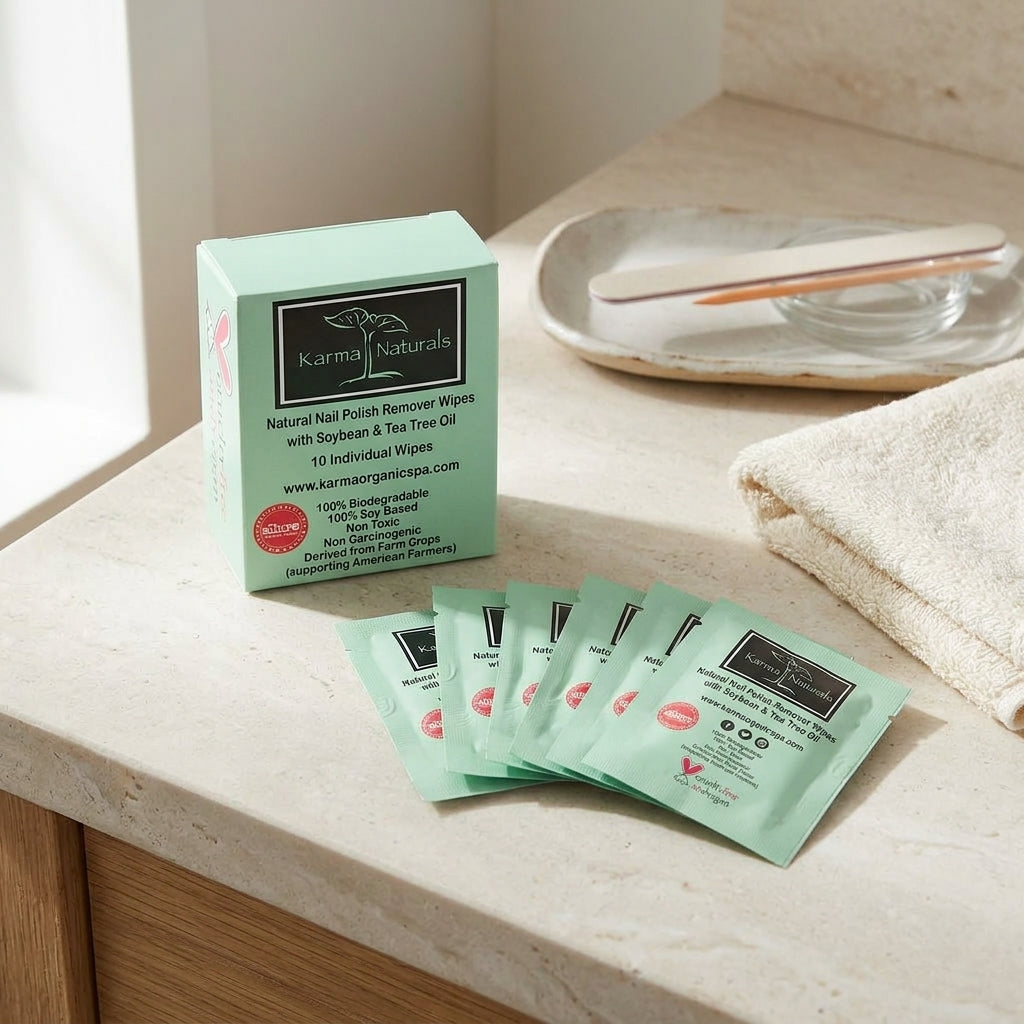 Karma Organic Patented Nail Polish Remover Wipes – Non-Toxic Tea Tree Oil Formula – Individually Wrapped Wipes (10 Count)