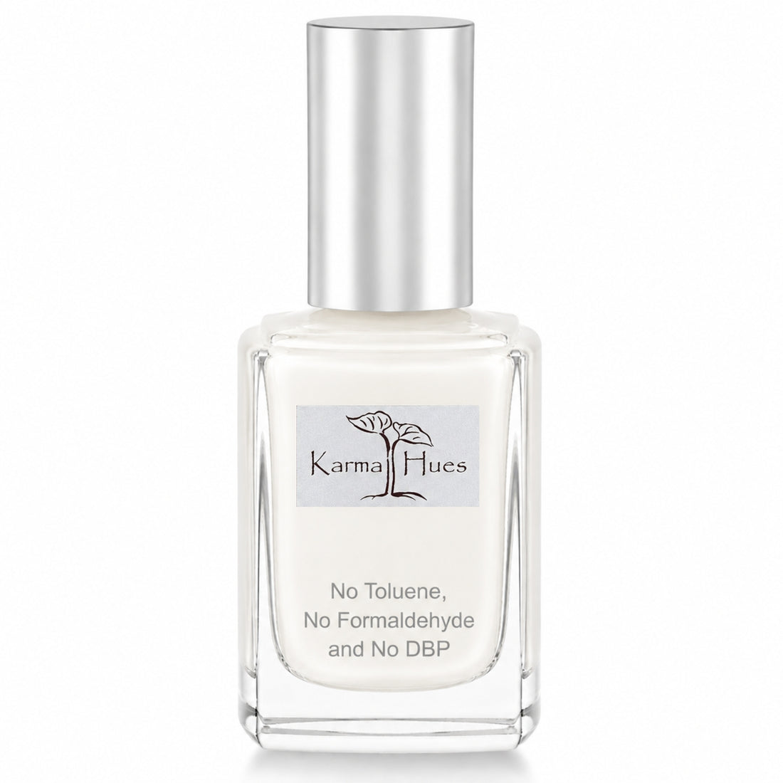 A bottle of Karmahues nail polish with a clear glass body showing the off-white liquid inside, a silver metallic cap, and a white label with black text on a clean white background.