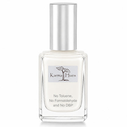 A bottle of Karmahues nail polish with a clear glass body showing the off-white liquid inside, a silver metallic cap, and a white label with black text on a clean white background.