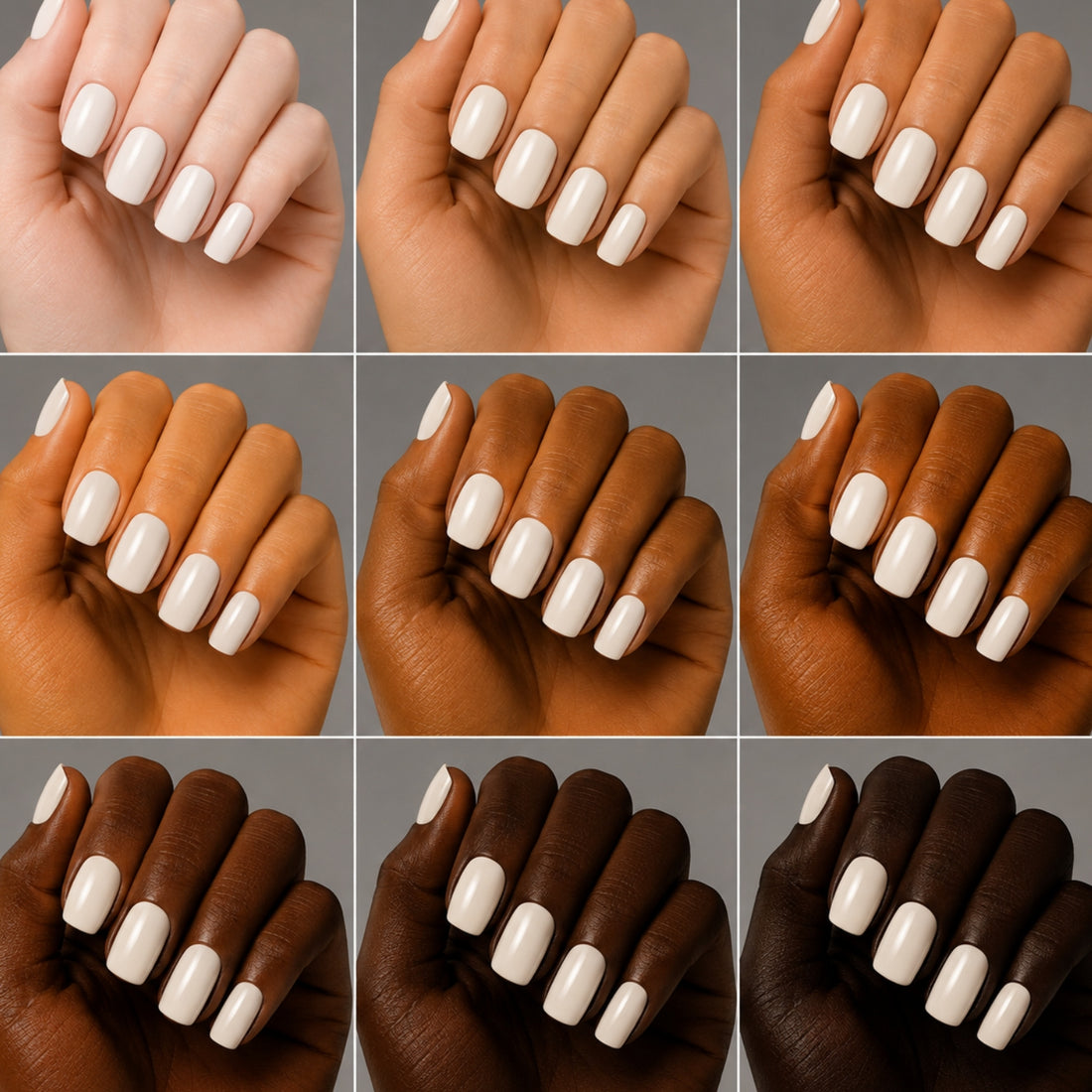 A 3x3 grid showing nine close-up views of fingernails painted with a clean, solid off-white color, displayed on hands of varying skin tones against a neutral gray background.
