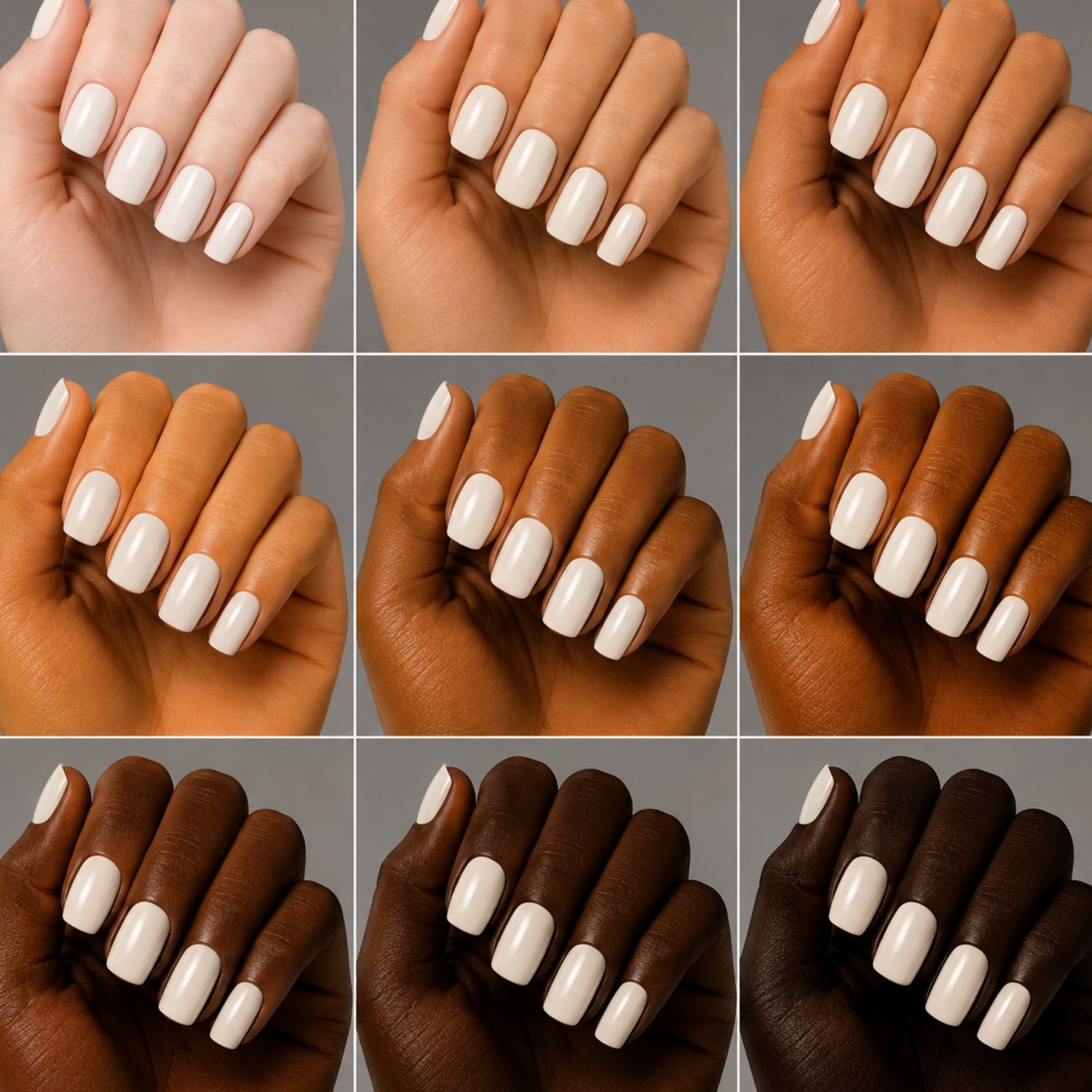 A 3x3 grid showing nine close-up views of fingernails painted with a clean, solid off-white color, displayed on hands of varying skin tones against a neutral gray background.