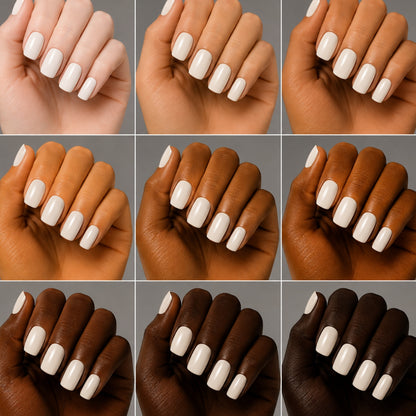 A 3x3 grid showing nine close-up views of fingernails painted with a clean, solid off-white color, displayed on hands of varying skin tones against a neutral gray background.