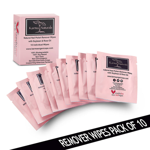 Karma Organic Patented Nail Polish Remover Wipes – Non-Toxic Rose Oil Formula – Individually Wrapped Wipes (10 Count)
