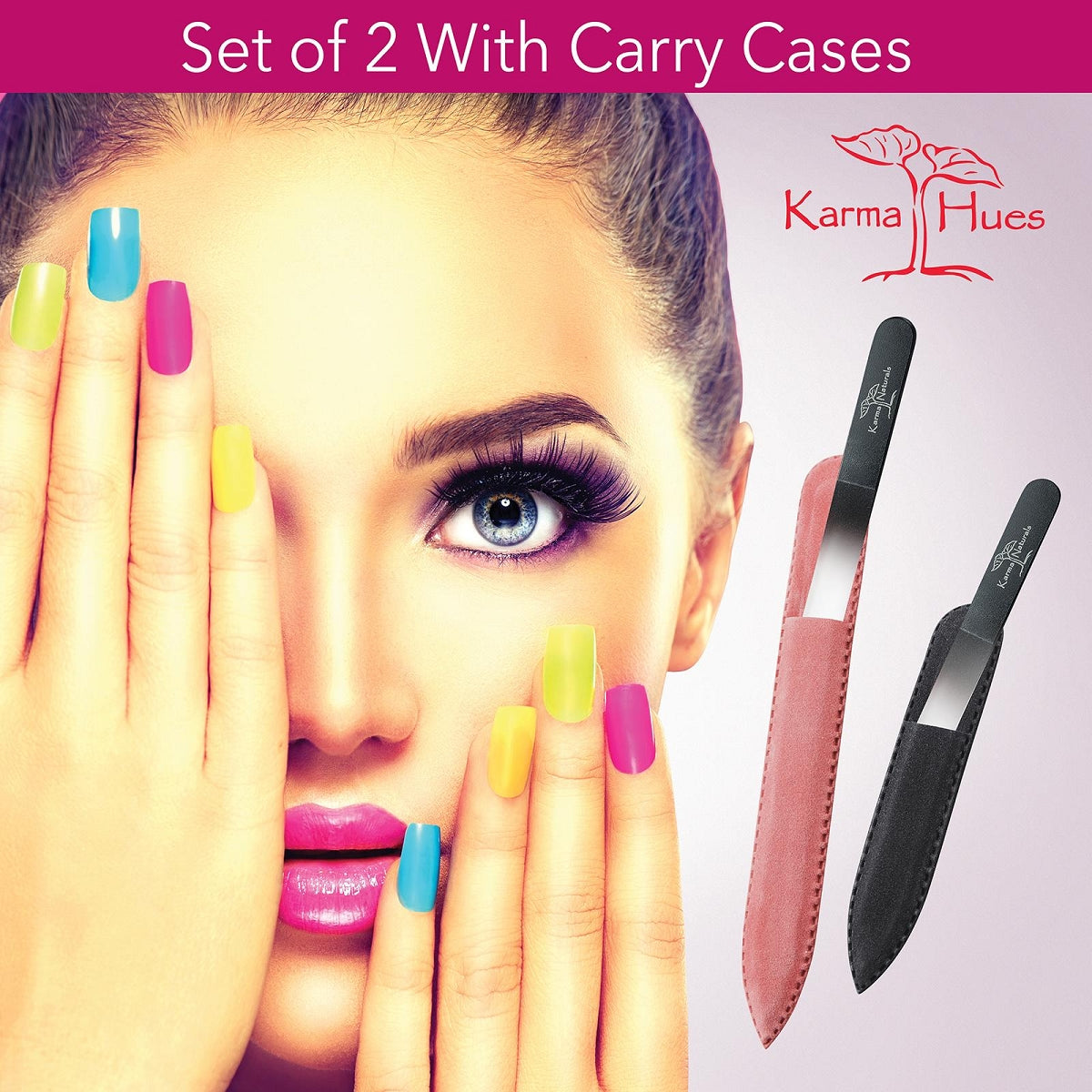 Karma Naturals  Set of 2 Glass Nail Files; in Blue and Pink Velvet Pouches