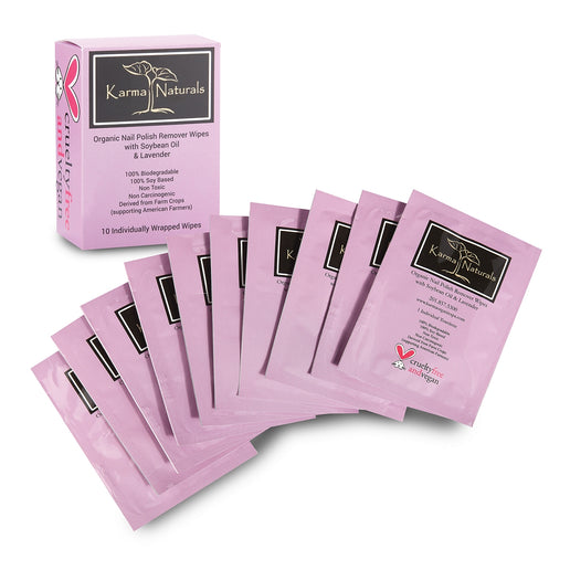 Karma Organic Patented Nail Polish Remover Wipes – Non-Toxic Lavender Oil Formula – Individually Wrapped Wipes (10 Count)